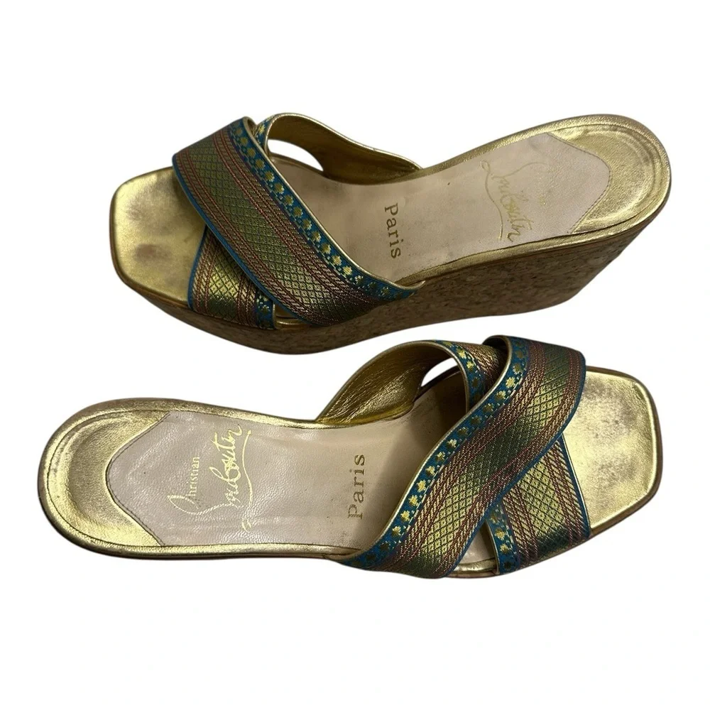 Christian Louboutin Gold and Blue Wedge Sandals, pre-owned, SZ 6.5